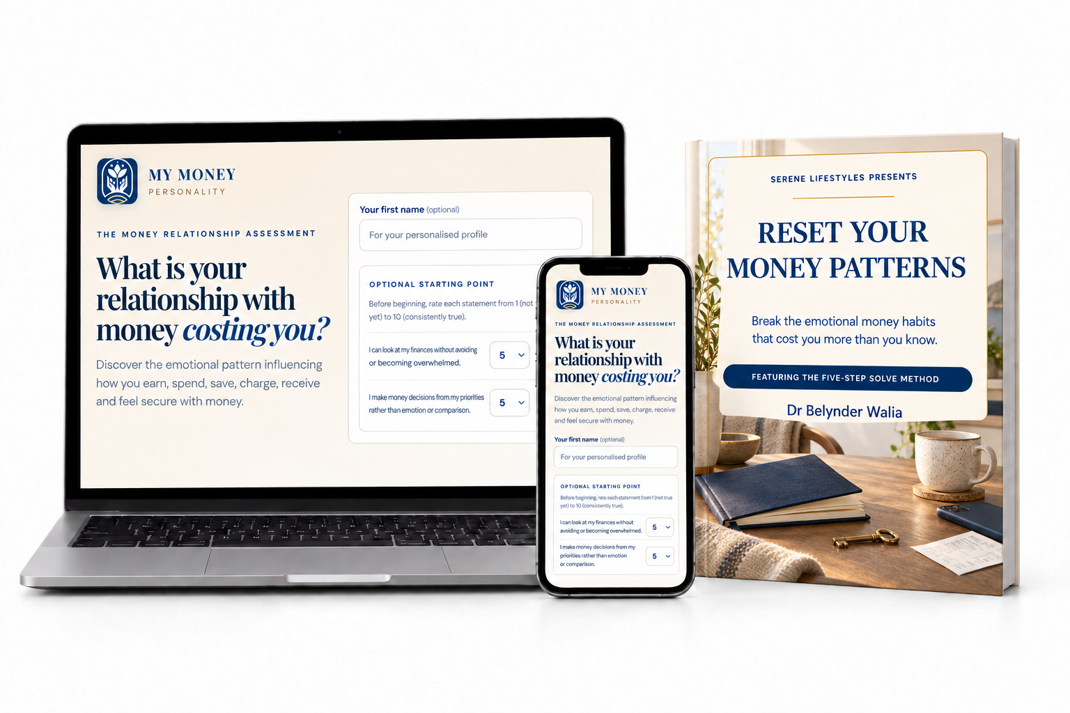 The My Money Personality Assessment on a laptop and phone next to the Reset Your Money Patterns ebook cover